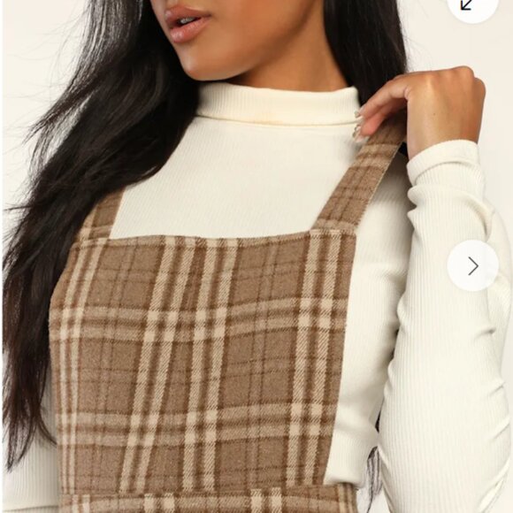 Lulus Plaid To Be Yours Beige And Brown Plaid Pinafore Mini Dress - Size S - Picture 3 of 3